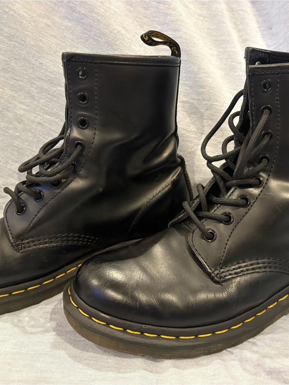 Dr. Martens Black Leather Kids Lace-Up Boots with Yellow Stitching